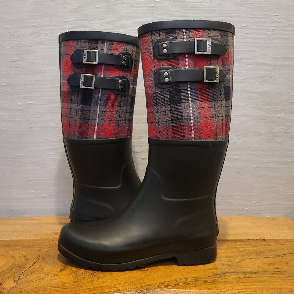 UGG Women's Black Rubber Rain Boots with Red Plaid Shaft and Buckle Straps